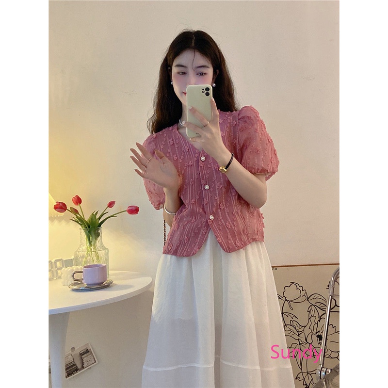 Áo Kiểu Tay Phồng Cổ Chữ V Plus Size Thời Trang Mùa Hè Phong Cách Pháp Cho Nữ