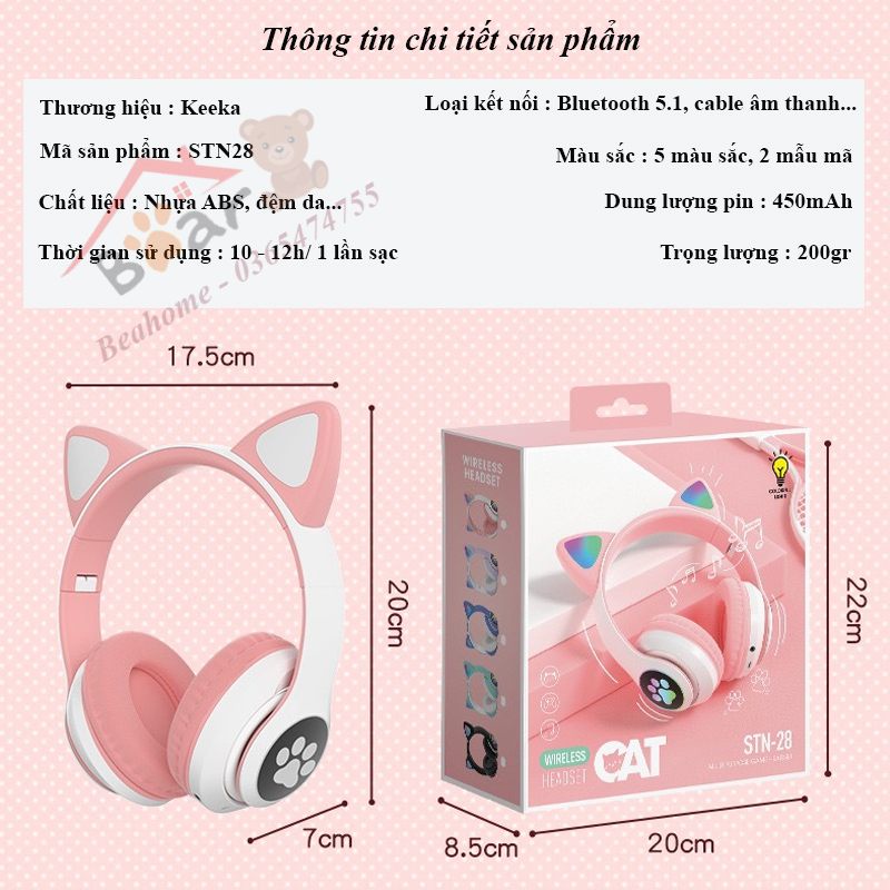 Tai Nghe Bluetooth Tai Mèo Chụp Tai STN-28 Có Micro Chơi Game, Học Online, Nghe Nhạc HIFI. Headphone Máy Tính Không Dây