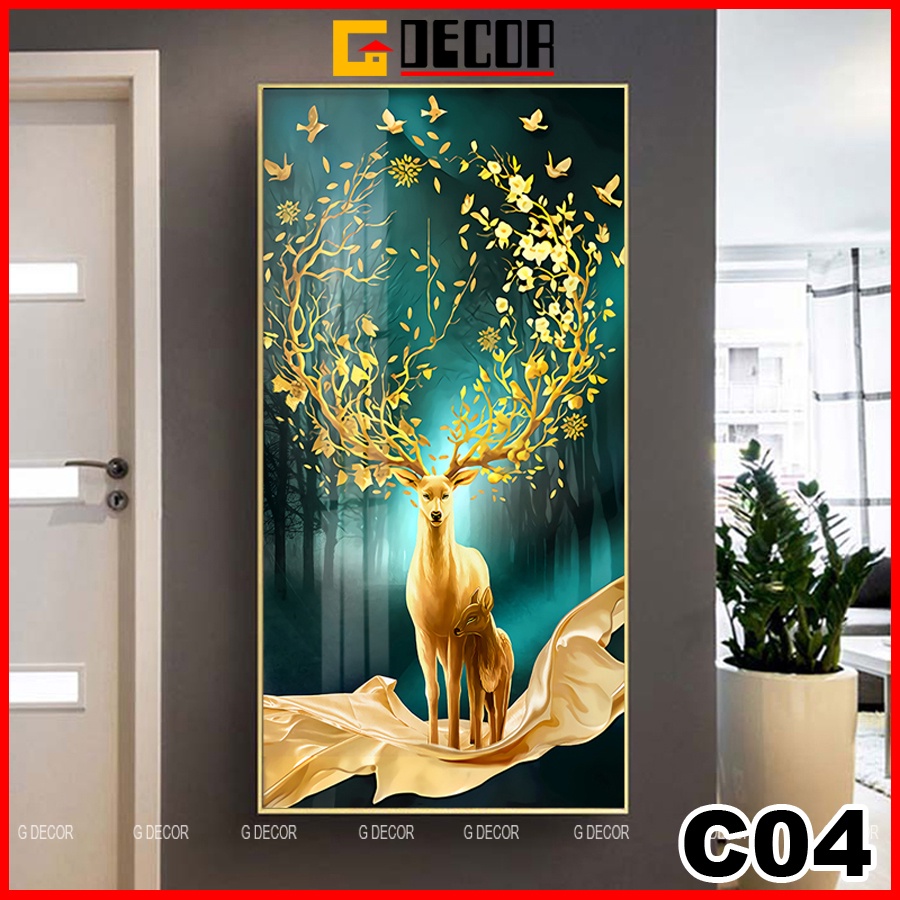 Tranh treo tường canvas 1 bức phong cách hiện đại Bắc Âu 04, tranh hươu tài lộc trang trí phòng khách, phòng ngủ, spa