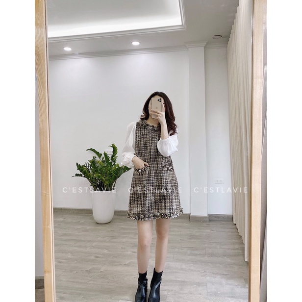 Váy tweed tay pha sơmi chất dày dặn cao cấp