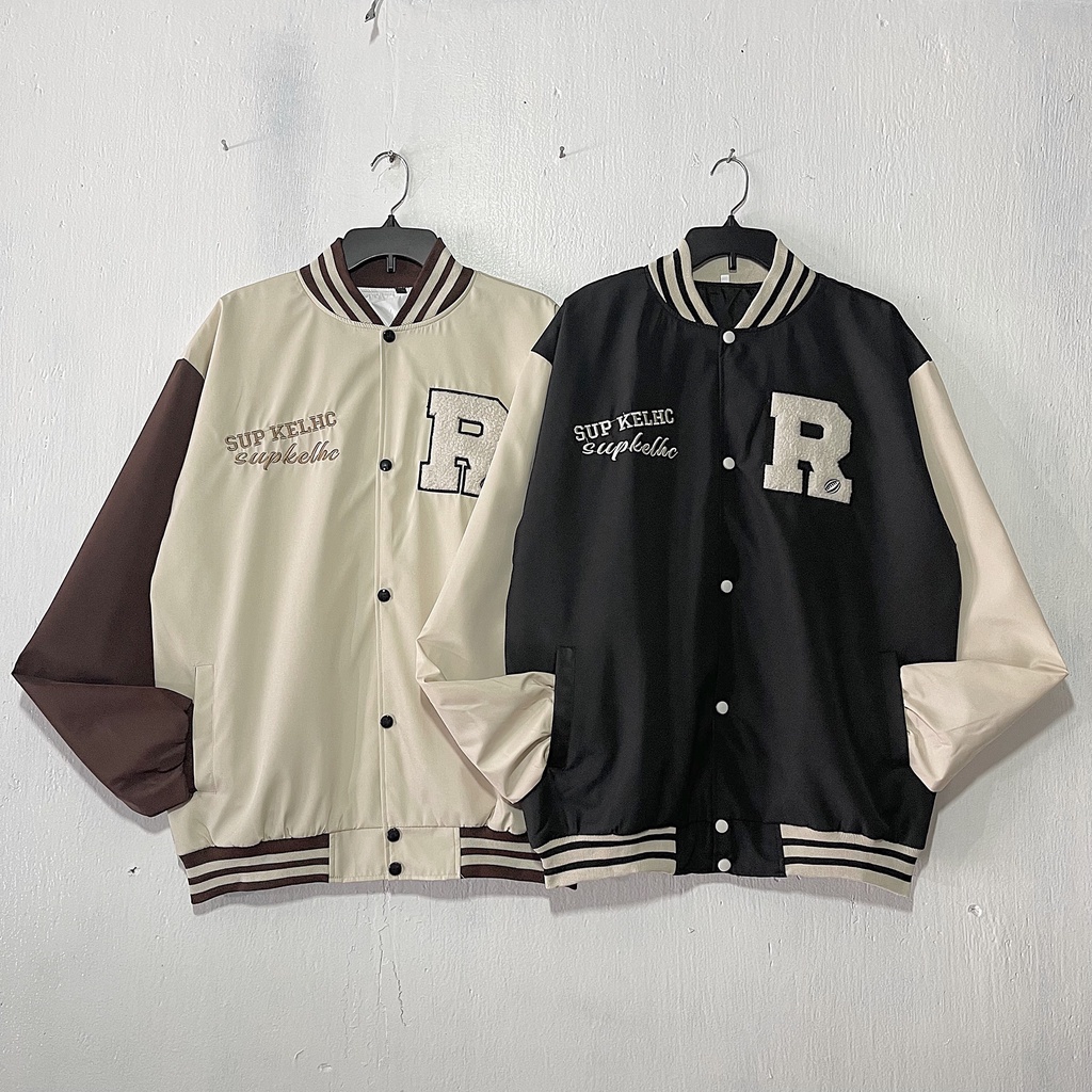 Khoác Bomber R thêu 2 màu đen và kem form rộng Unisex nam nữ
