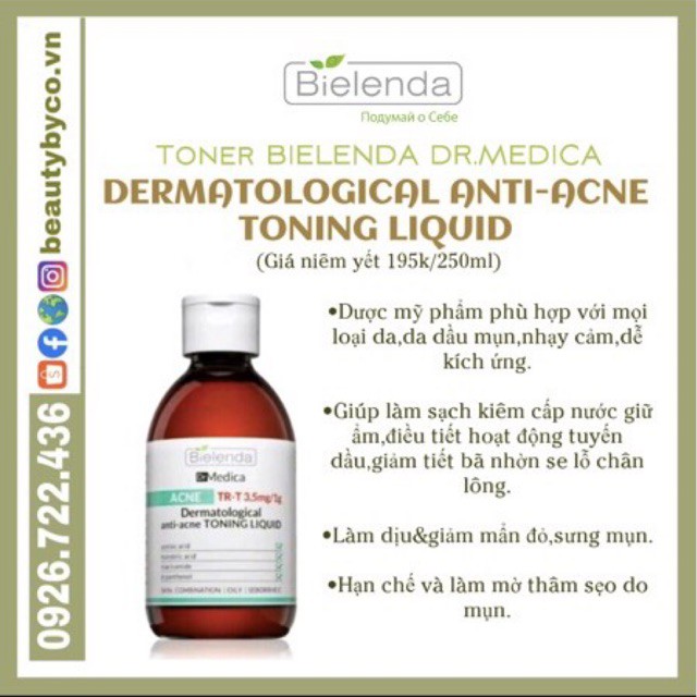 Toner Bielenda Dr Medica Anti-acne Dermatological Toning Liquid làm sạch sâu & dịu da, giảm mụn, kiềm dầu nhờn