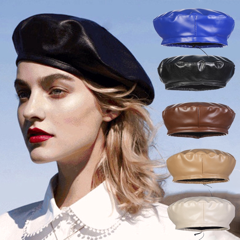 Nón beret bằng da màu trơn phong cách Hàn Quốc thời trang cho nữ