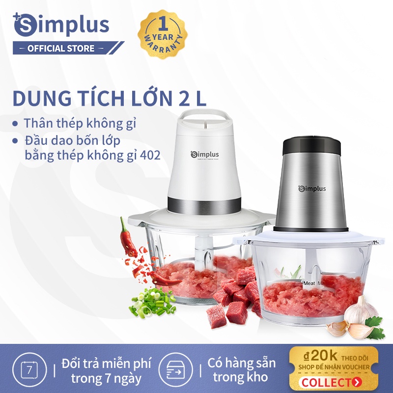 [Mã ELHA22 giảm 5% đơn 300K] Máy xay thịt Simplus (2L), cối thủy tinh, lưỡi dao thép không gỉ, 2 cấp độ xay tùy chỉnh