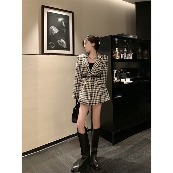 Áo dạ cổ vest kẻ 2 màu TẶNG kèm Belt