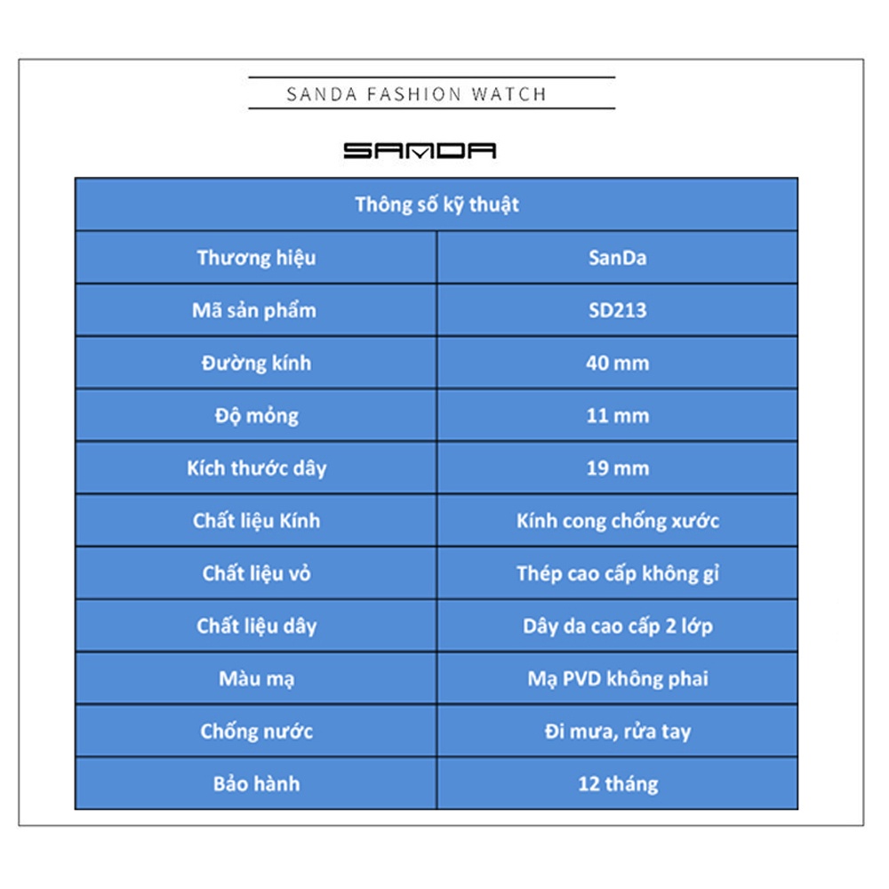 Đồng hồ nam dây da cao cấp máy nhật chính hãng SANDA 213 kính cong chống xước, vỏ mạ PVD không phai màu, mặt 40mm