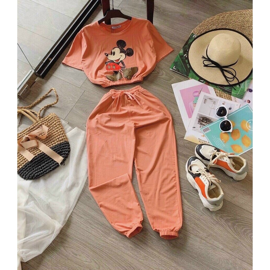 Set bộ da cá in mickey, bộ thun croptop tay ngắn in hình chuột quần ống túm đi chơi cá tính