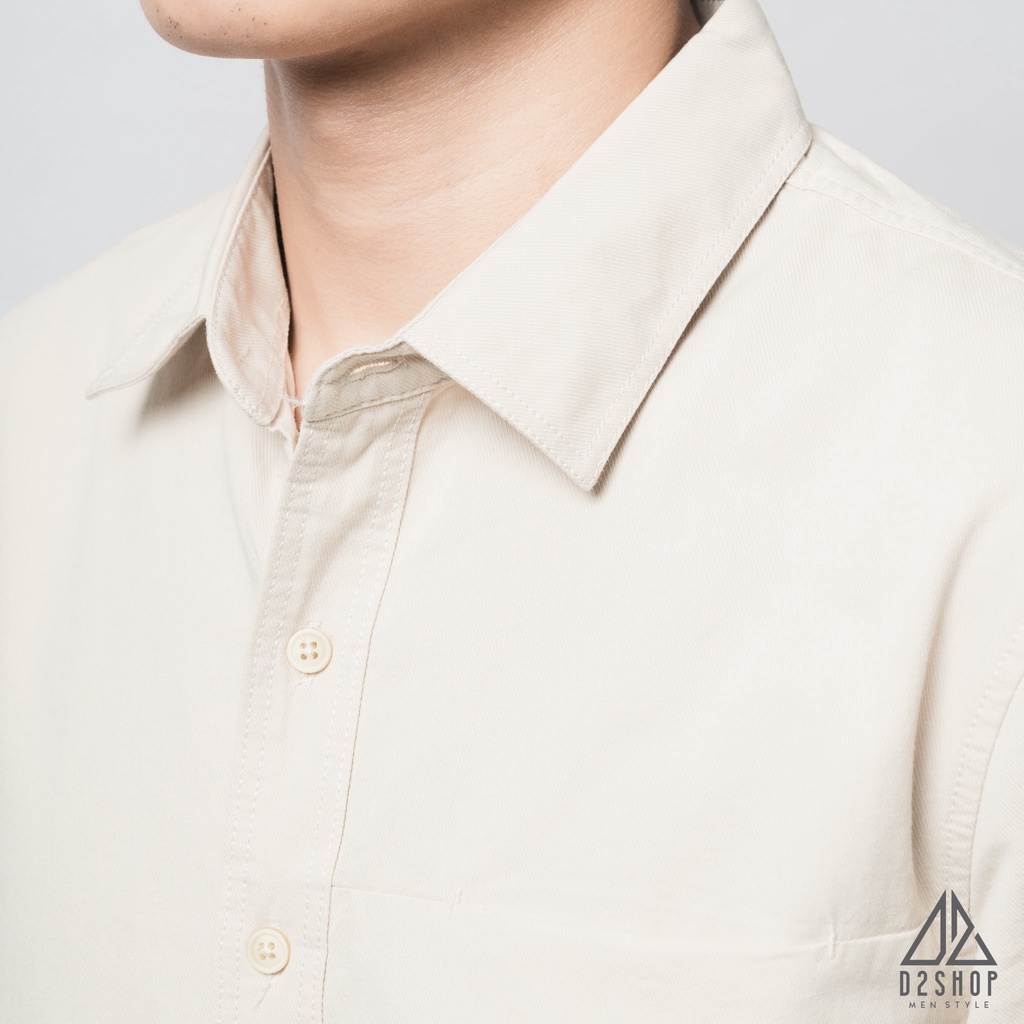 Áo sơ mi nam D2shop, áo sơ mi dài tay nam, vải xéo, túi mổ, màu ivory