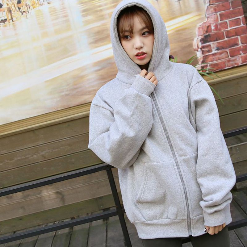 Áo Hoodies Phối Khoá Kéo Màu Trơn Thiết Kế Dáng Rộng Thoải Mái