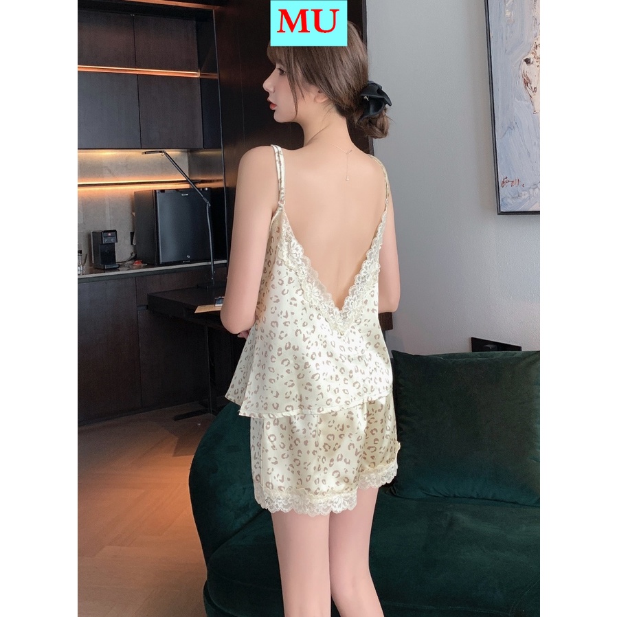 Bộ đồ ngủ hai dây hở lưng họa tiết da báo/ màu trơn vải lụa lạnh thời trang mùa hè cho nữ