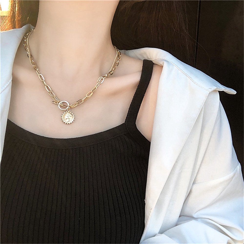 Simple Exaggerated Retro Dây chuyền hợp kim mặt đồng xu thời trang cho nữ Women