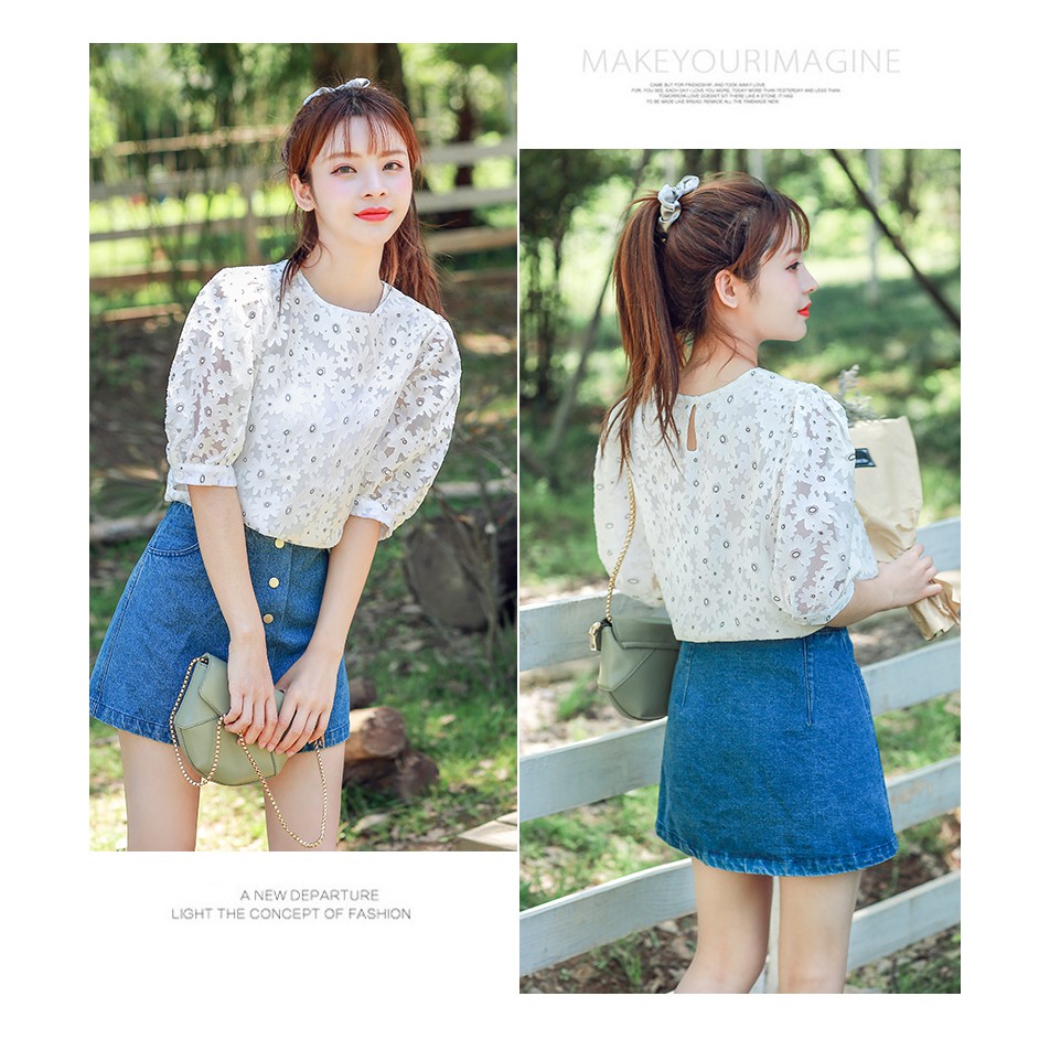 Korean Floral Print Cute Casual Blouse Women Summer Lantern Short Sleeve Top White | BigBuy360 - bigbuy360.vn