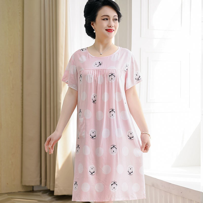 ✱❏✗Đầm Ngủ Hai Dây Tay Ngắn Chất Lụa Cotton Dáng Dài Cỡ Lớn Thời Trang Cho Nữ Trung Niên 6.2 Tuổi