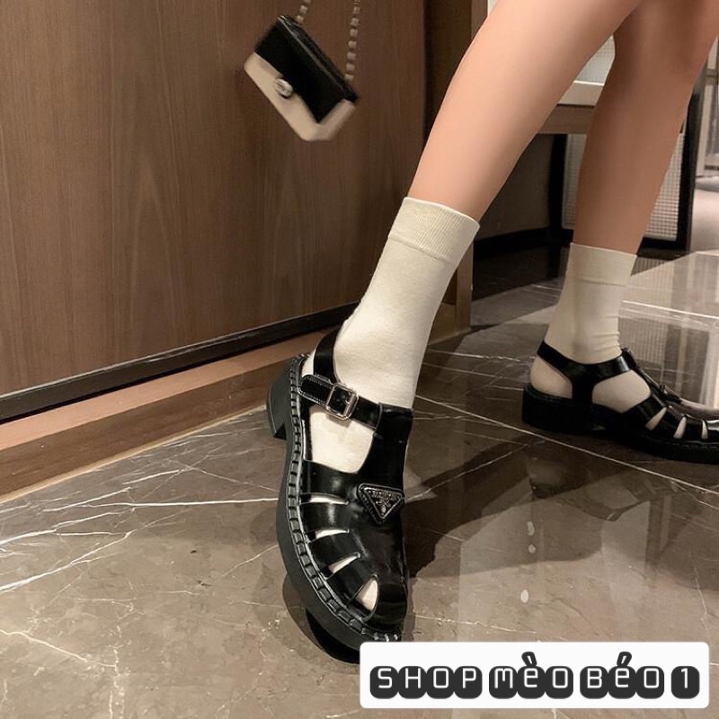 Sandal prd giọ da bóng gót vuông fullbox