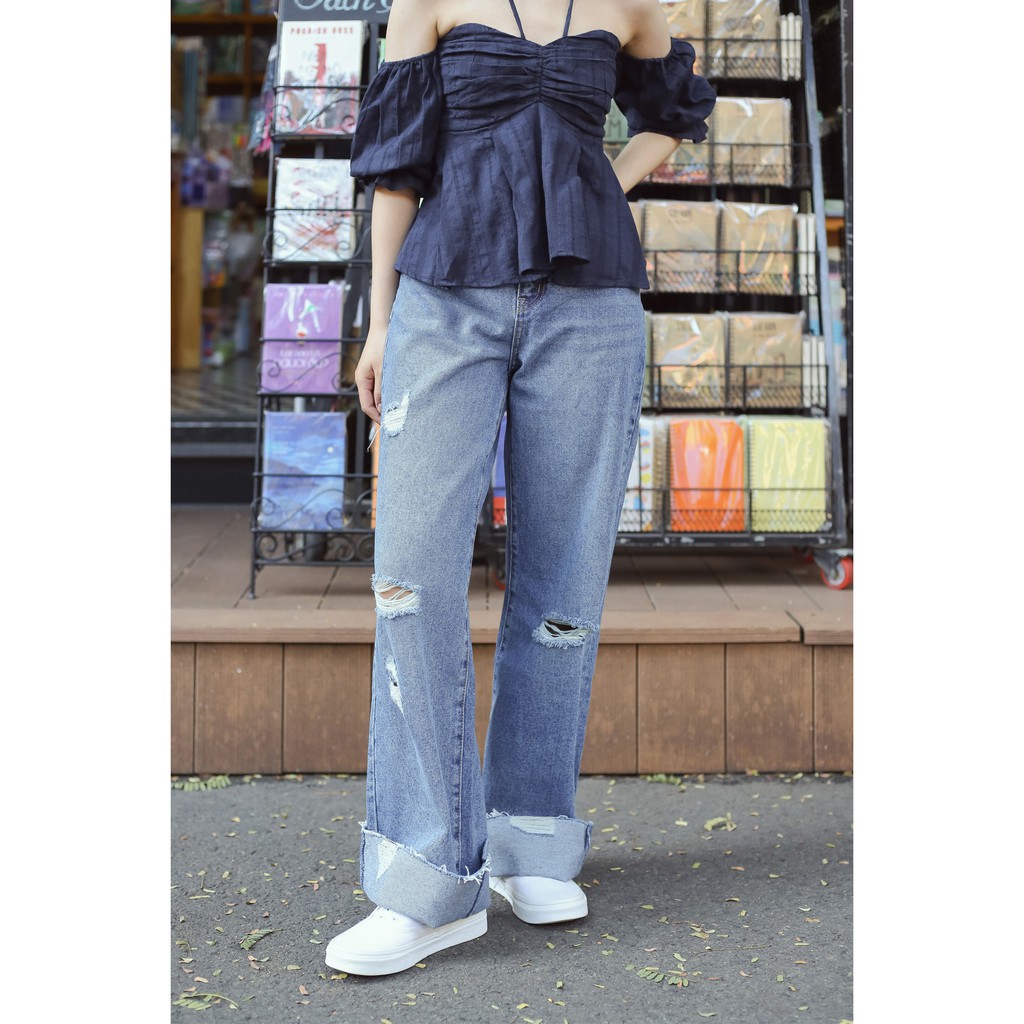 Áo kiểu nữ trễ vai cúp ngực thời trang GAGO tie-neck open shoulder top màu xanh đen GA3401 | BigBuy360 - bigbuy360.vn