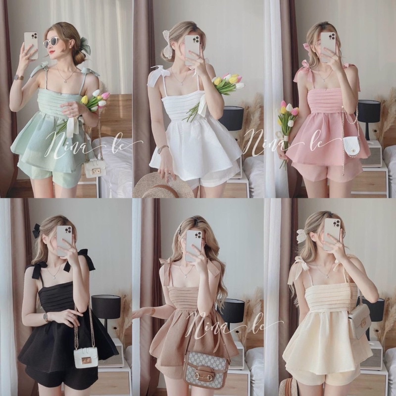 ⚡️FREESHIP ⚡️Set áo 2 dây nơ quần sort tổ ong sinh nhật, đi chơi