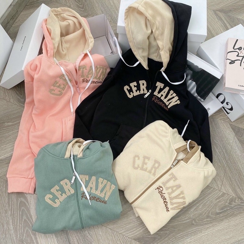 Áo khoác nỉ ngoại dây kéo phối nón 2 màu certain unisex ulzzang nam nữ