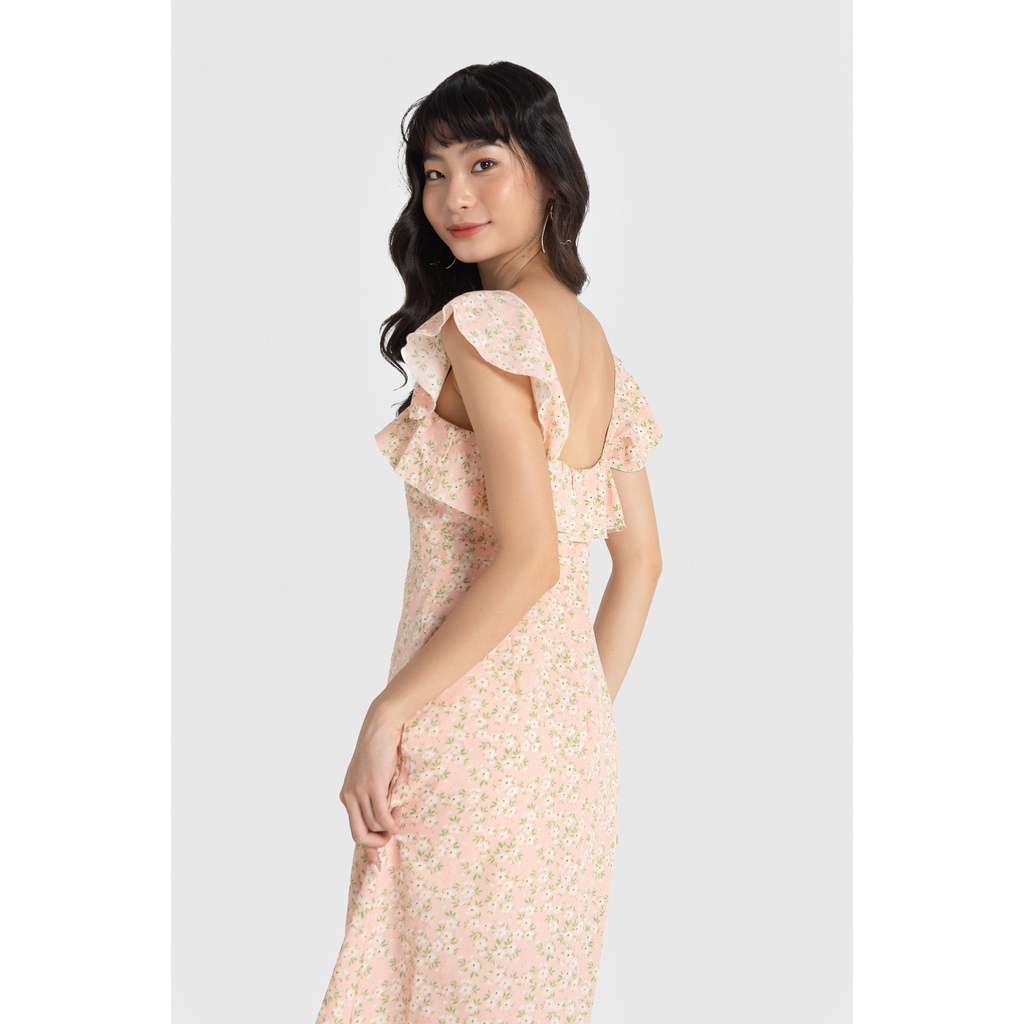 Đầm Maybi midi form A in hoa trắng nền hồng xẻ tà