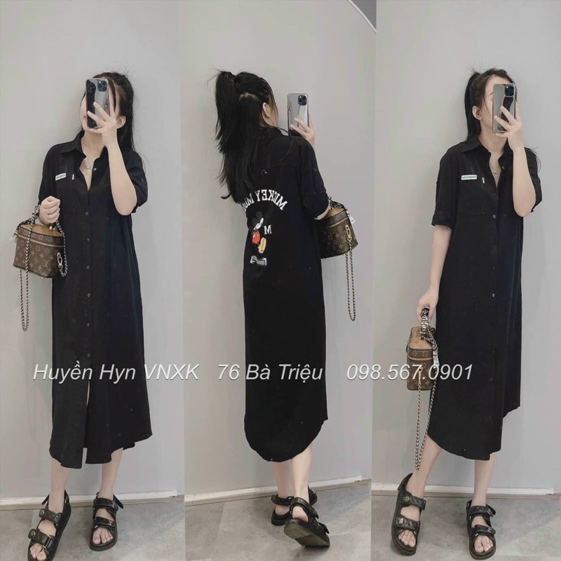 Đầm sơ mi hoạ tiết mickey sau lưng dáng suông siêu xinh