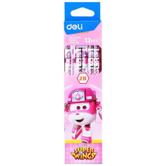 Bút chì gỗ, chì đen chuốt 2B Deli U525 Super Wings - thân lục giác, hoạt hình, có đầu gôm - 1 Cây