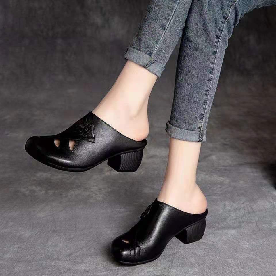 Dép Bít Mũi Bằng Da Thật Phong Cách Retro Thời Trang Mùa Hè 2021 Cho Nữ Trung Niên