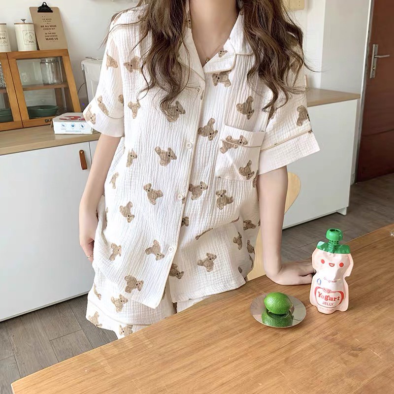 Bộ Ngủ Pijama Mẫu Mới Gấu Cam Kem Cute Form Rộng Nữ