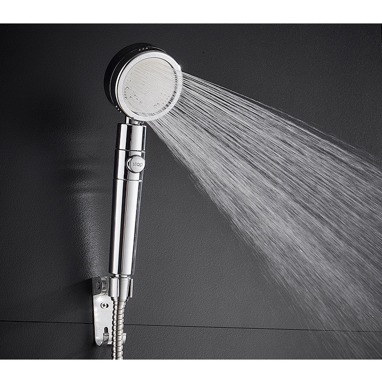 Bộ tay sen tắm vòi hoa sen tăng áp chất liệu nhôm đúc màu bạc siêu bền có nút bật tắt trên thân tiện dụng - QM051