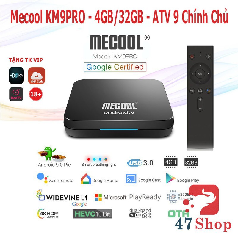 Android TV Box Mecool KM9 PRO - 4GB RAM, 32GB ROM , Android 9.0 điều khiển giọng nói