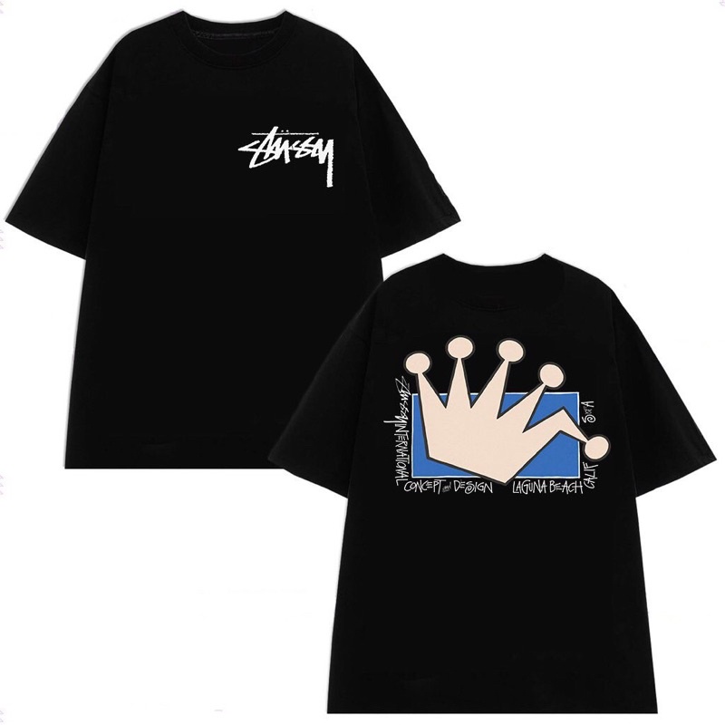 Áo Thun Stussy Bape Tay Lở  Màu Đen Hoạ Tiết Vương Miệng Logo Ngực Vintage