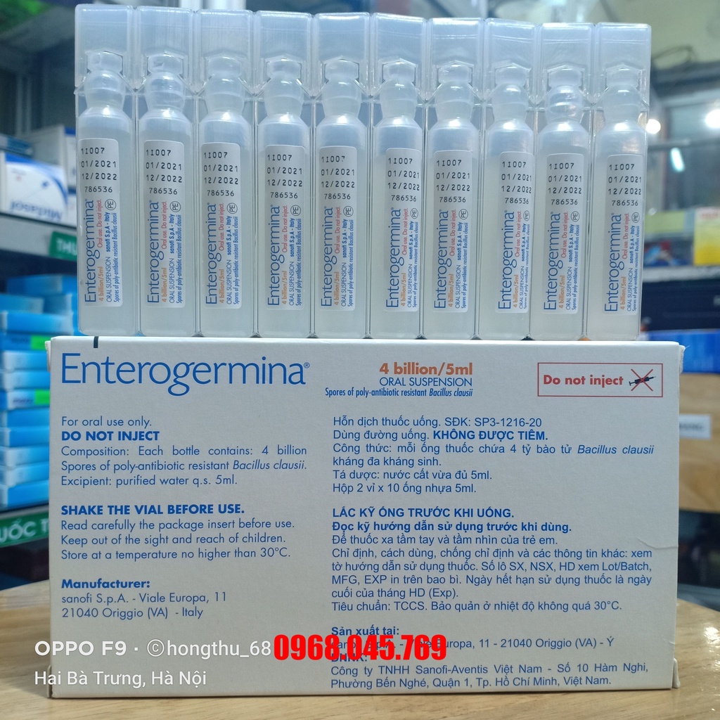 Men vi sinh Enterogermina chứa 4 tỉ bào tử Bacillus clausii mỗi ống 5ml