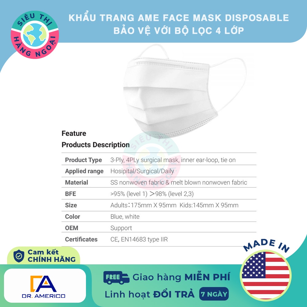 Khẩu trang Ame Face Mask Disposable 4 Layer Filter Protection [Bảo vệ với bộ lọc 4 lớp] USA Siêu Thị Hàng Ngoại