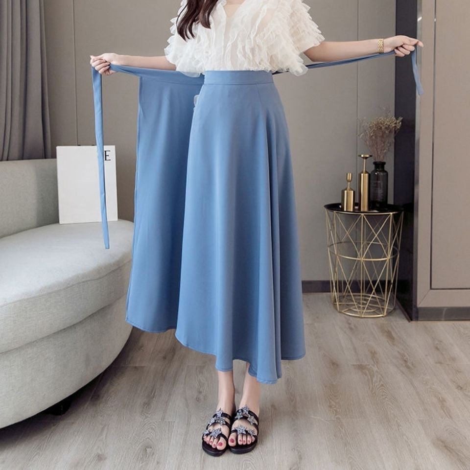 Chân váy vải voan mỏng lưng cao xẻ tà kiểu quần không đối xứng màu trơn đa năng thời trang mới