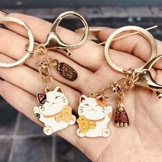 Móc khoá Mèo Thần tài kim loại 2 màu "Chiêu Tài" và "Phúc" - MK08 (Được chọn màu)