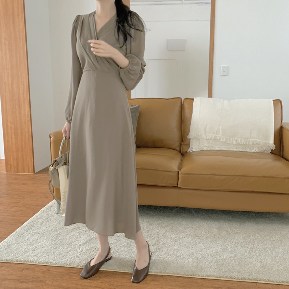 SUXI Đầm Maxi Dài Tay Cổ Chữ V Màu Sắc Đơn Giản Thời Trang Mùa Hè Cho Nữ