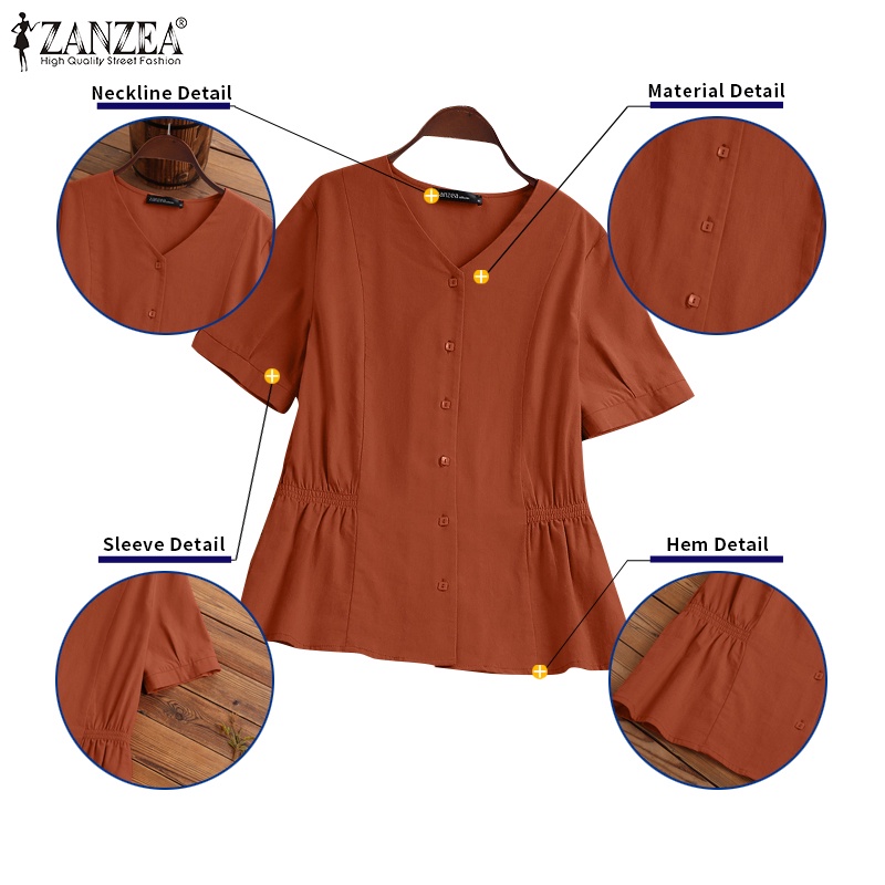 Áo sơ mi Zanzea ngắn tay cổ chữ v dáng rộng phong cách thời trang dành cho nữ
