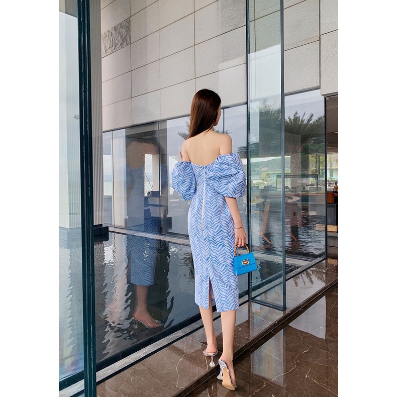ZYHT Đầm Midi Trễ Vai Tay Phồng Phong Cách Hàn Quốc Thời Trang Mùa Hè Quyến Rũ 5173
