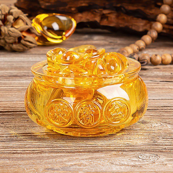 Hũ Vàng Thần Tài Pha Lê , Tụ Bảo Bồn Lưu Ly, Chiêu Lộc Tụ Tài -- Vật Phẩm Phong Thủy