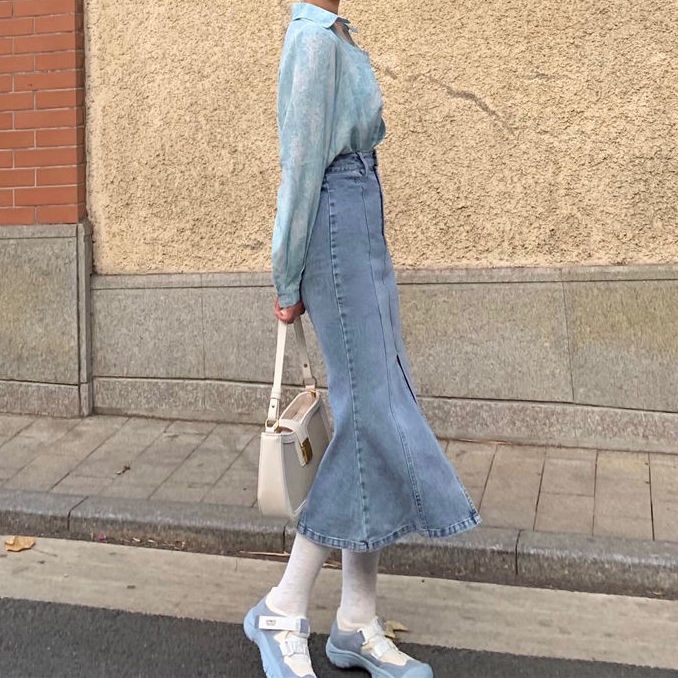 Summer Korean version of the new ins high waist split fishtail denim skirt women
