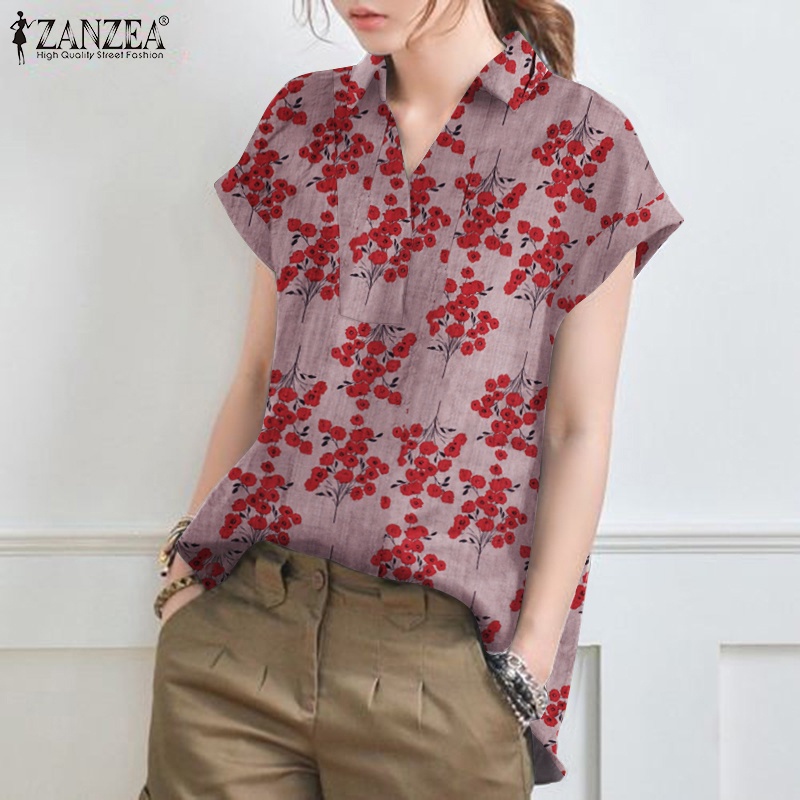 Áo sơ mi ZANZEA tay ngắn họa tiết hoa vintage dành cho nữ