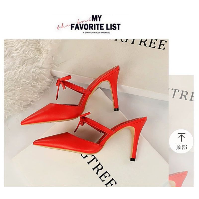 Giày sục cao gót chính hãng BIGTREE quai ngang cột nơ màu đỏ tươi 7cm size 37-38