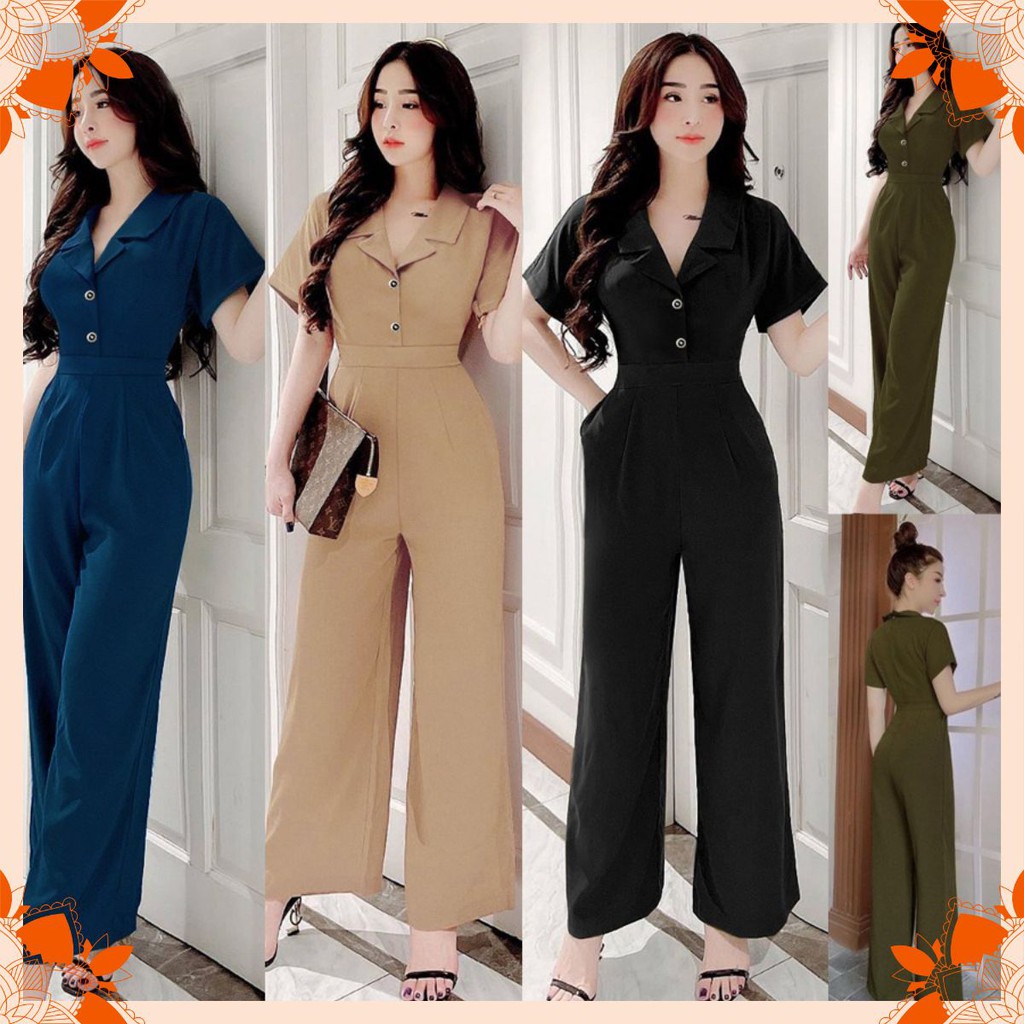 Jumpsuit Dài 💝FREESHIP💝 Jum dài ống suông cổ vest phối 2 nút dây kéo sau lưng xinh xắn J1118