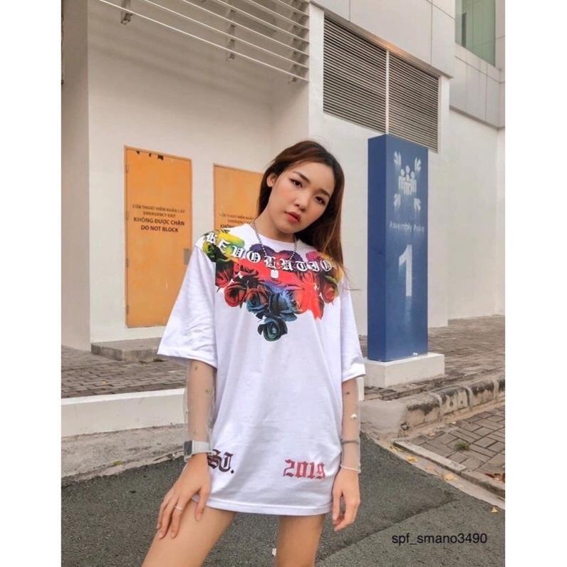 áo thun tay lỡ unisex oversize hoa Hồng chữ cổ Mikenco
