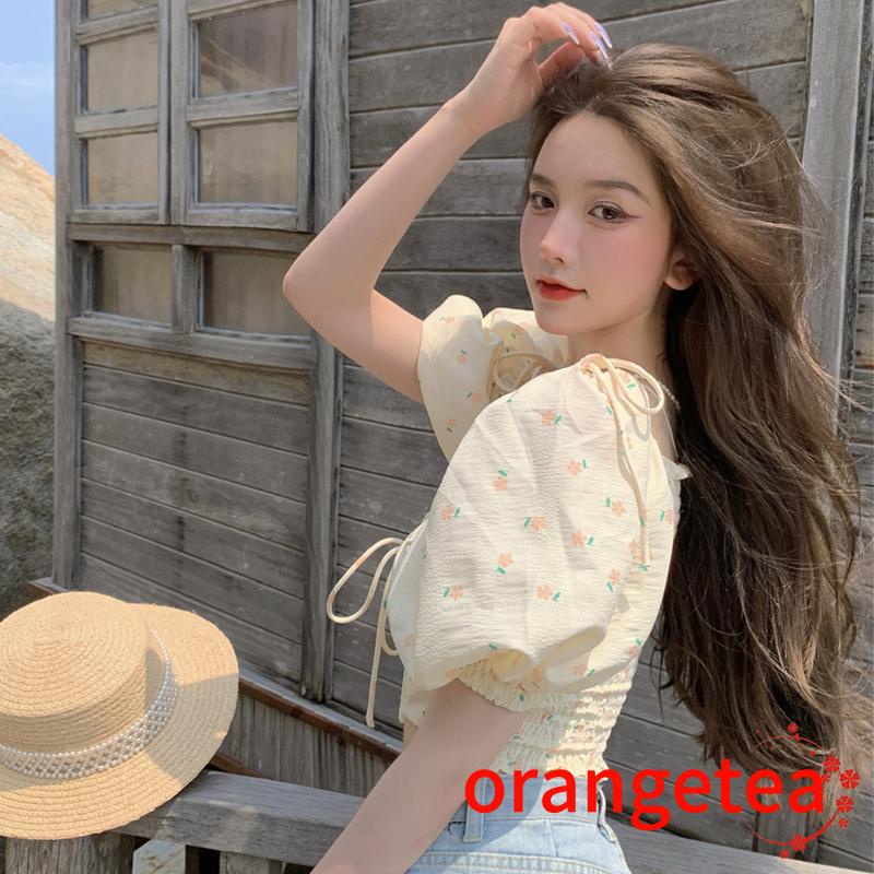 Áo Thun Crop Top Tay Ngắn Phồng Cổ Chữ V In Họa Tiết Hoa Ngọt Ngào Cho Nữ