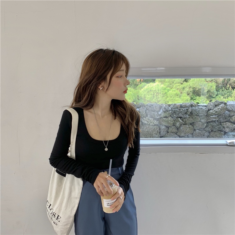 áo thun Tay Dài Cổ Vuông Co Giãn Phong Cách Hàn Quốc