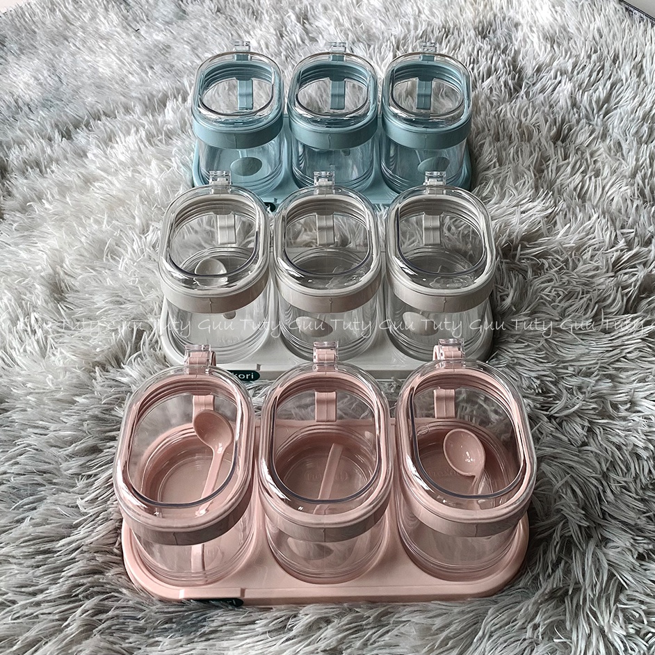Set 3 hộp đựng gia vị trong suốt có thìa hokori, hũ đựng gia vị