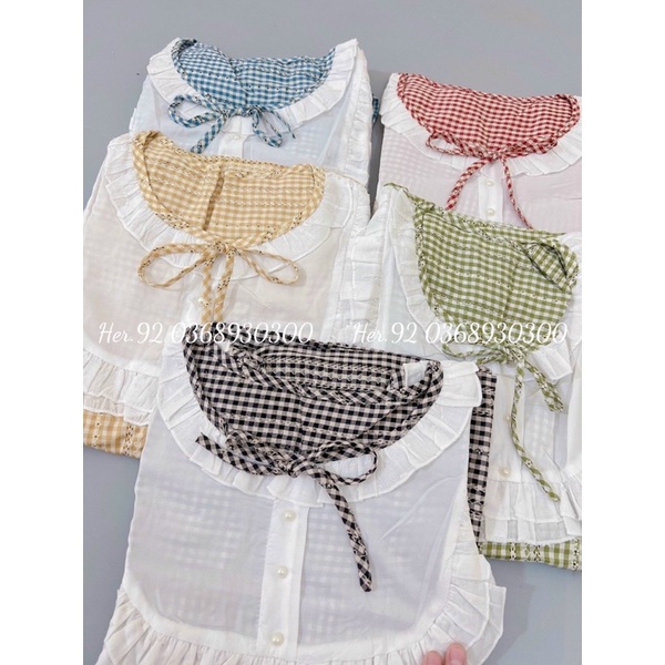 Bộ mặc nhà nơ đũi viền bèo nút ngọc hoạ tiết kẻ ô, Đồ ngủ pijama cho bầu và sau sinh có khoá ti