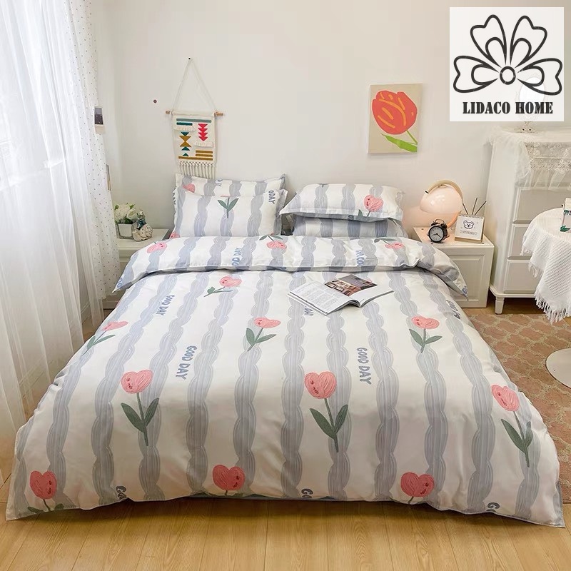 Bộ chăn ga gối cotton poly Lidaco decor phòng ngủ vintage - Tulyp sóng xanh (SP001469)