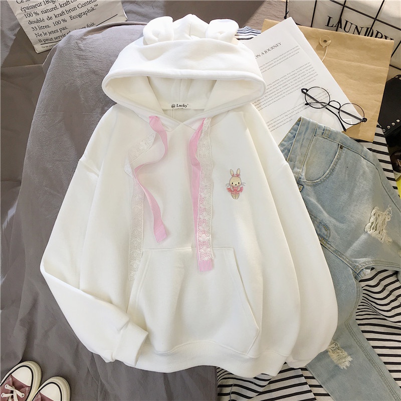 Áo hoodies có nón dài tay thêu hình tai thỏ dễ thương