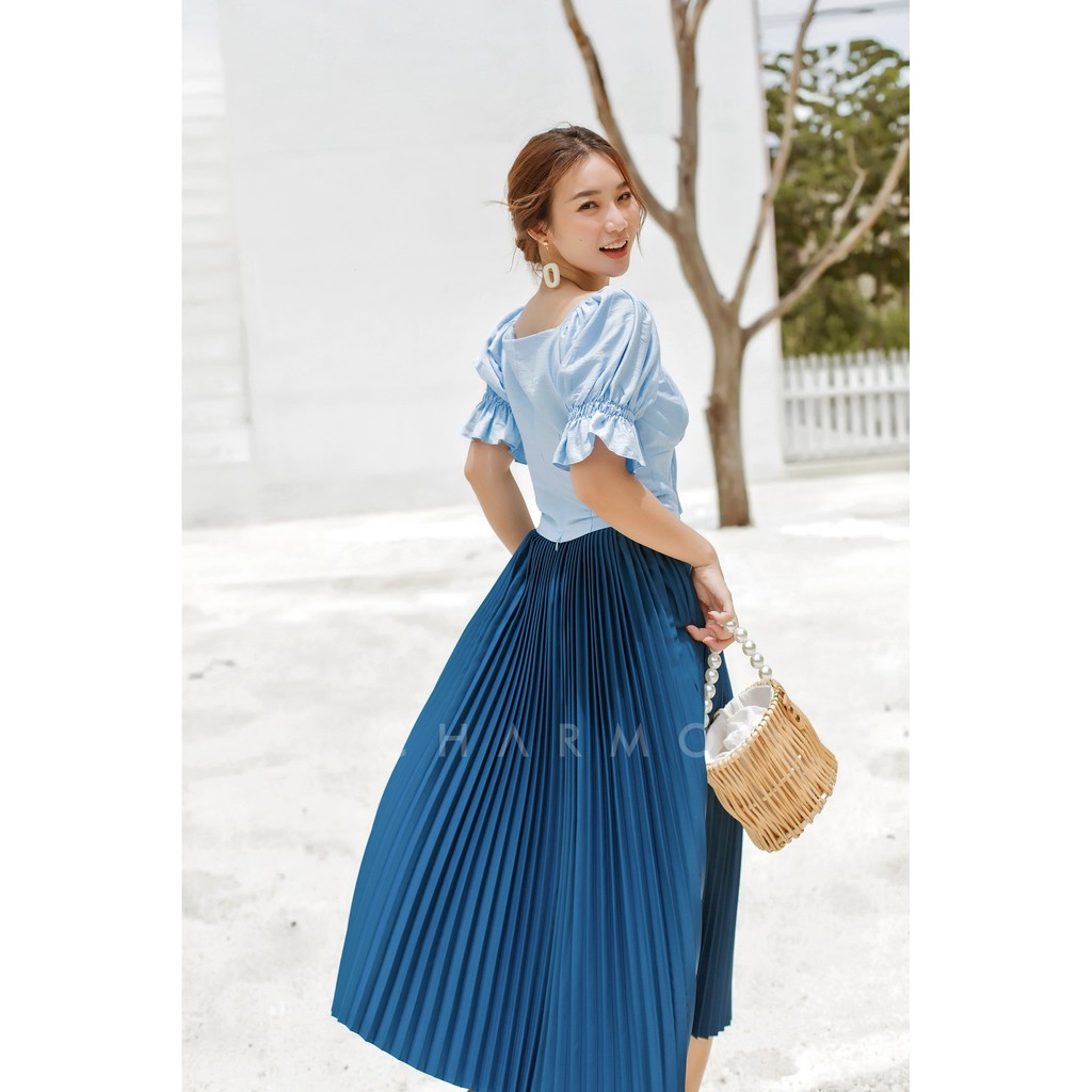 [Mã BMBAU50 giảm 50K đơn 150K] Áo kiểu thiết kế CHARMO vải lụa thêu mềm mại Drawstring Ruffle Top