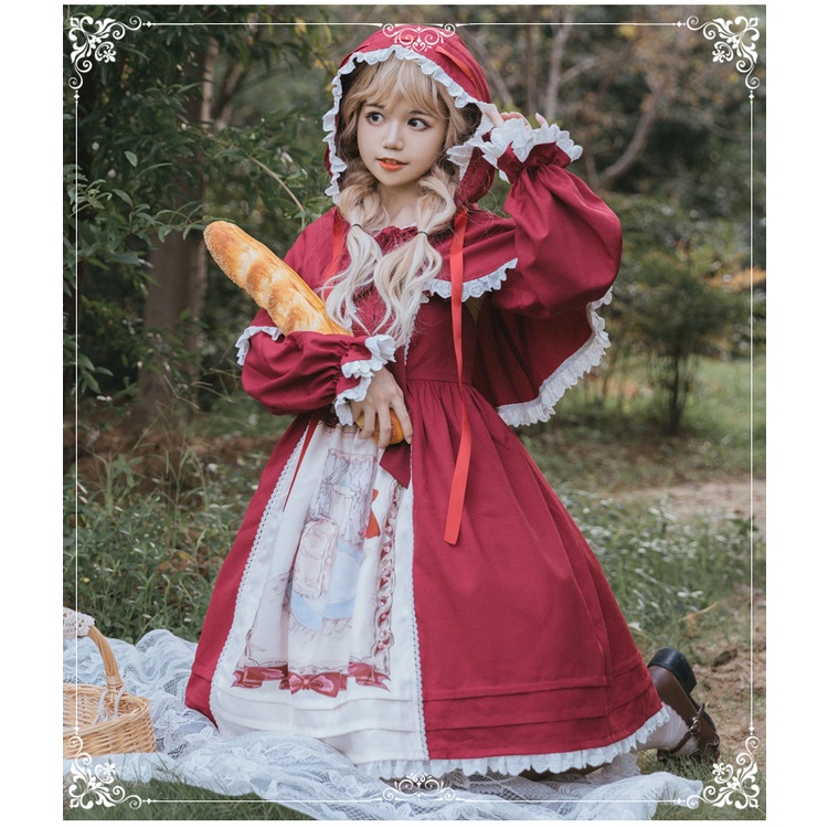 Sét váy lolita JSK + áo choàng khăn choàng nơ đỏ dễ thương